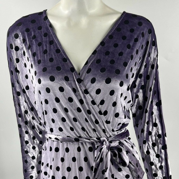 ASOS Midi Dress Sz 8 Purple Black Polka Dot Velour Slit Leg Stretch Long Sleeve - Picture 3 of 6